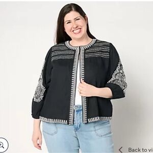 NWOT BEAUTIFUL by Lawrence Zarian Smocked Embroidered Novelty Jacket 1X linen